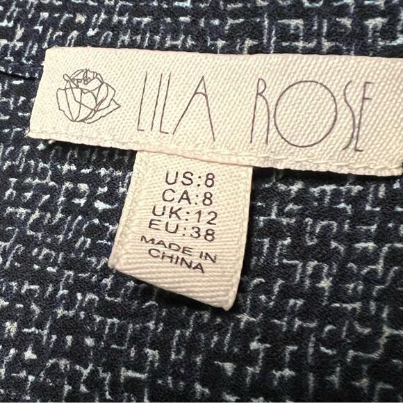 Lila Rose Blue Black Print Stretch 1/4 Button Popover Shirt Dress Academia 8 M - Picture 8 of 12